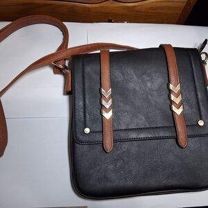 Black and Brown Crossbody Bag with Gold Accents